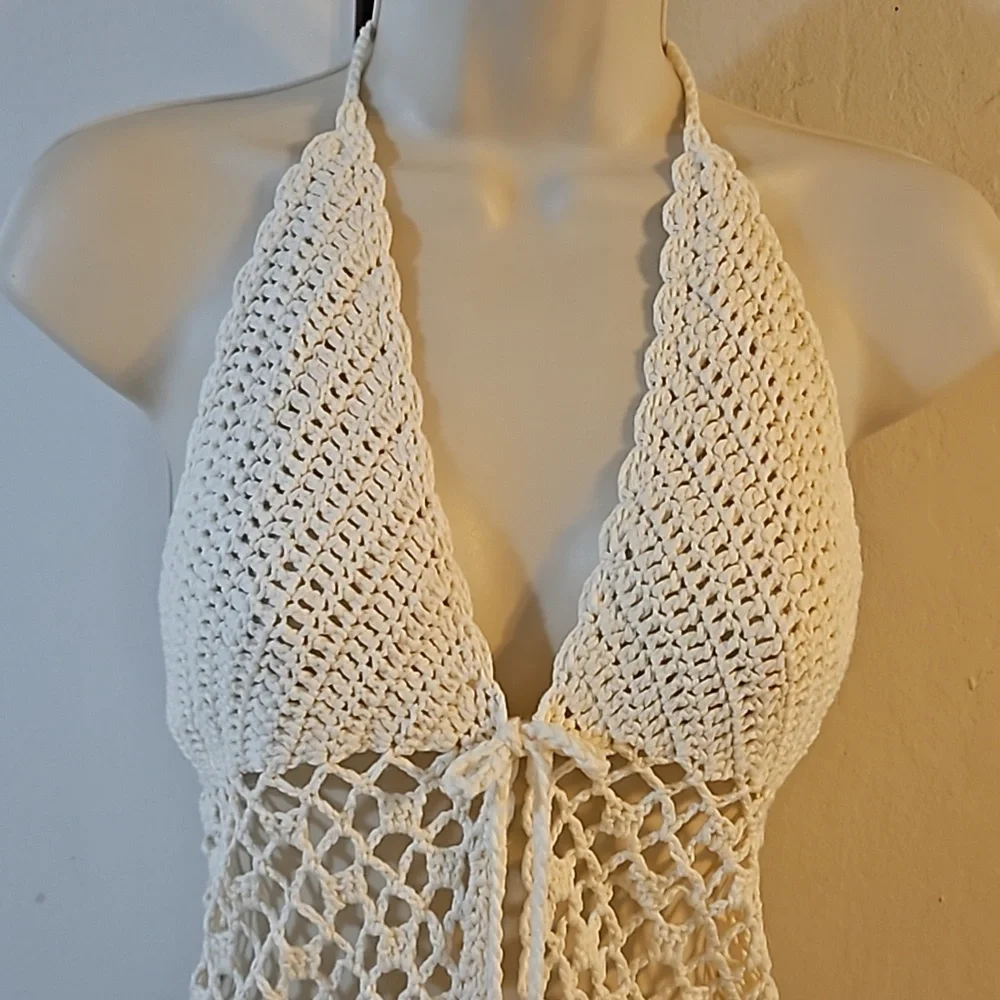 Hand Crafted Crochet Crop-Top Handmade Fishnet Swim Design Cream Summer Layer OS - Picture 11 of 17